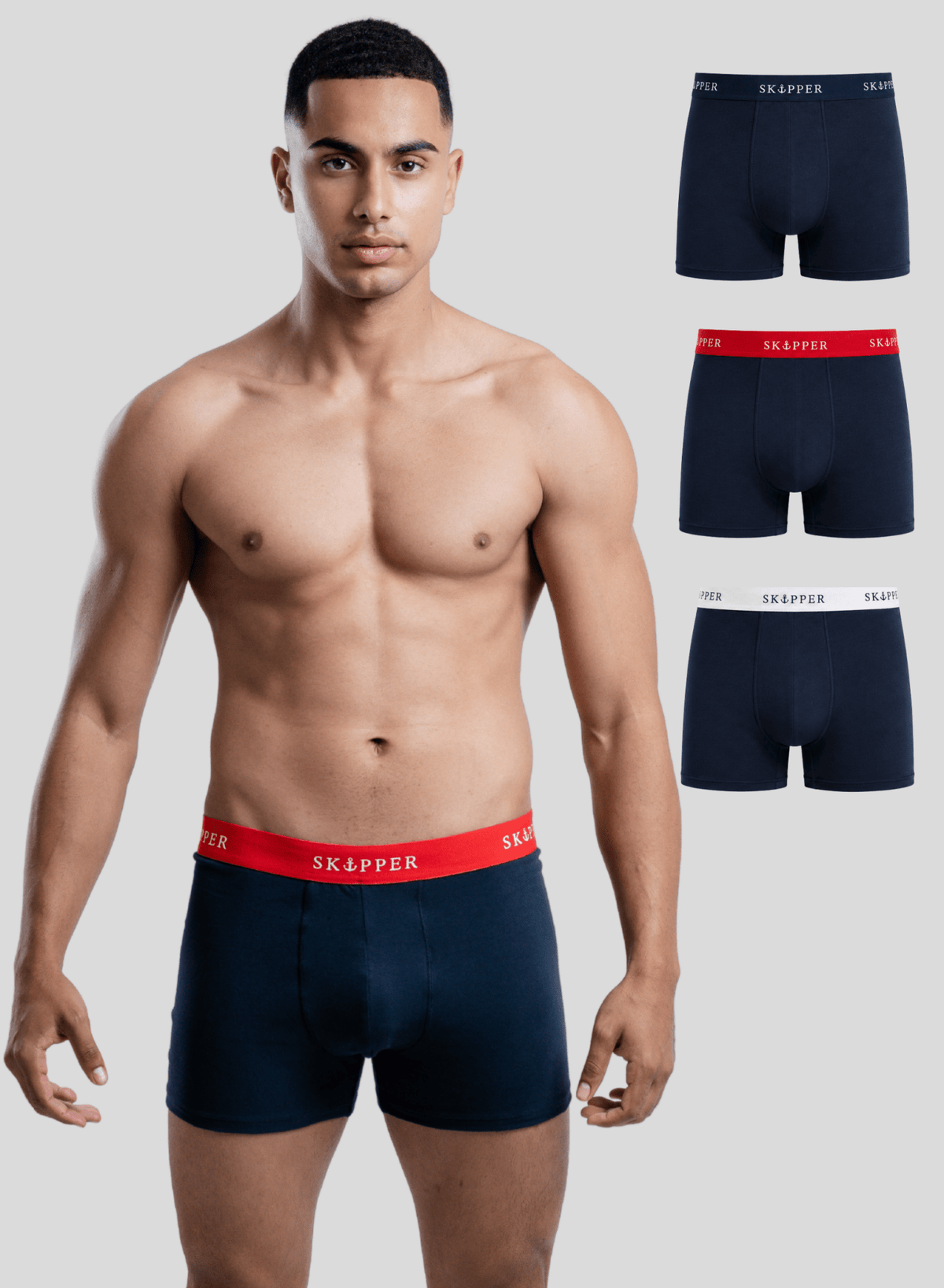 SKIPPER 3er Pack Boxershorts Herren Navy/Mix – Vorderansicht auf weißem Hintergrund
