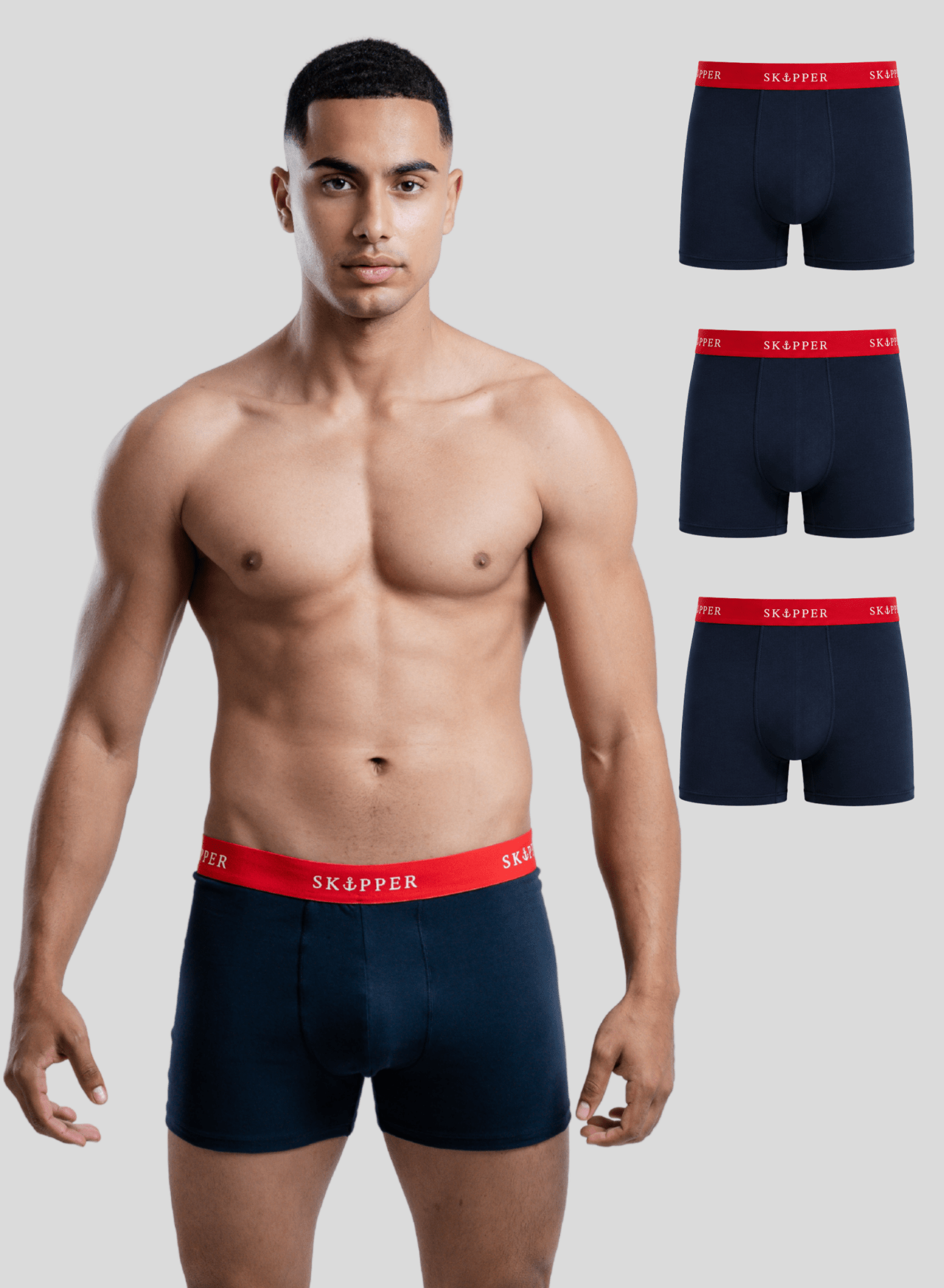 SKIPPER 3er Pack Boxershorts Herren Navy/Rot – Vorderansicht auf weißem Hintergrund