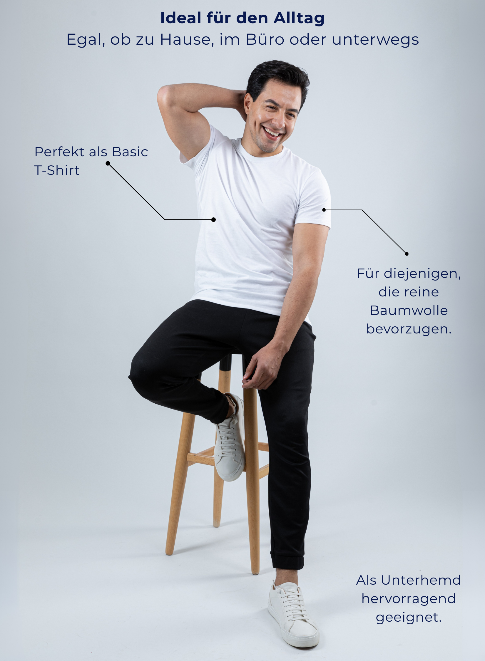 Unterhemd Rundhals Weiss 100% Baumwolle-Outfit Ideen
Ideal für den Alltag
Egal, ob zu Hause, im Büro oder unterwegs
Für diejenigen, die reine Baumwolle bevorzugen.
Perfekt als Basic T-Shirt
Als Unterhemd hervorragend geeignet.