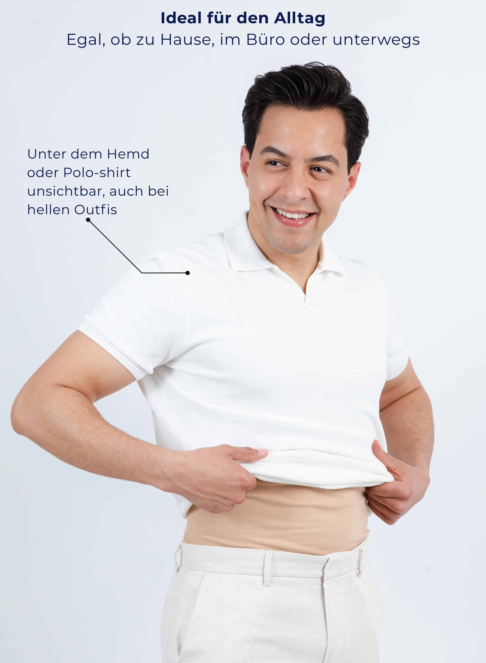 Unterhemd V-Ausschnit tBeige Stretch-OutfitIdeen
Ideal für den Alltag
Egal, ob zu Hause, im Büro oder unterwegs
Unter dem Hemd oder Polo-shirt unsichtbar, auch bei hellen Outfis