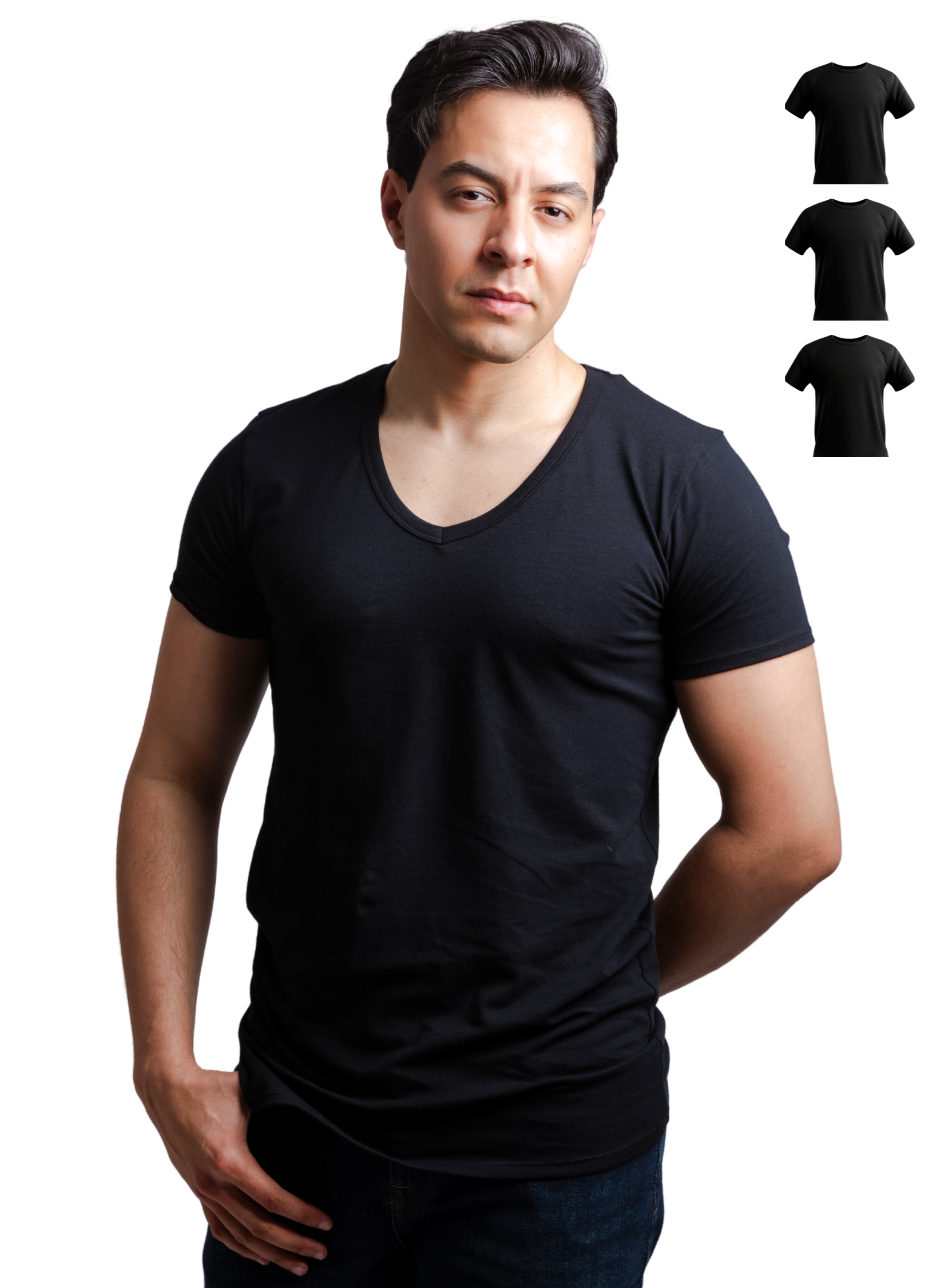 Unterhemd V-Ausschnitt Tief Schwarz Stretch-Hauptbild Herren 3er Pack