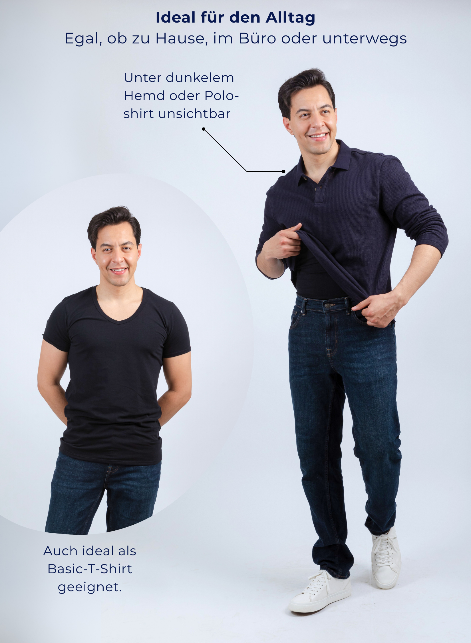 Unterhemd V-Ausschnitt Tief Schwarz Stretch-OutfitIdeen
Ideal für den Alltag
Egal, ob zu Hause, im Büro oder unterwegs
Unter dunkelem Hemd oder Polo-shirt unsichtbar
Auch ideal als Basic-T-Shirt geeignet.