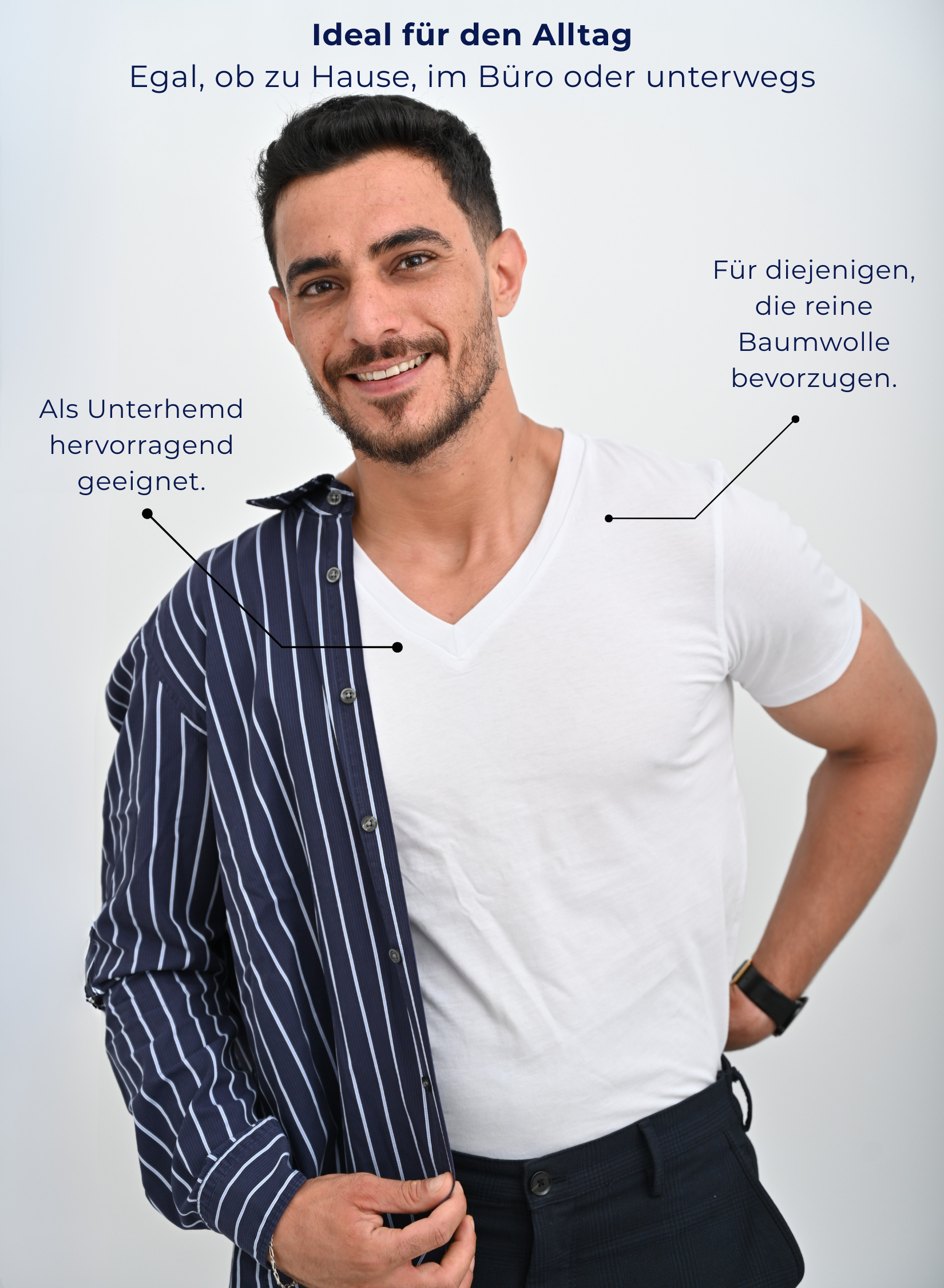 Unterhemd V-Neck Weiss 100% Baumwolle-Outfit Ideen
Für diejenigen, die reine Baumwolle bevorzugen.
Als Unterhemd hervorragend geeignet.