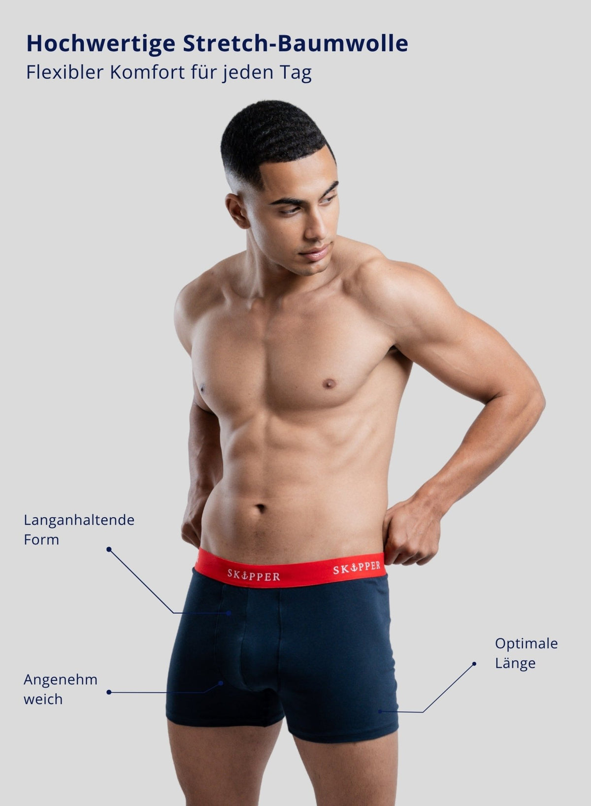 SKIPPER Boxershorts Navy/Mix am Model – Alltagslook - Produktmerkmale
