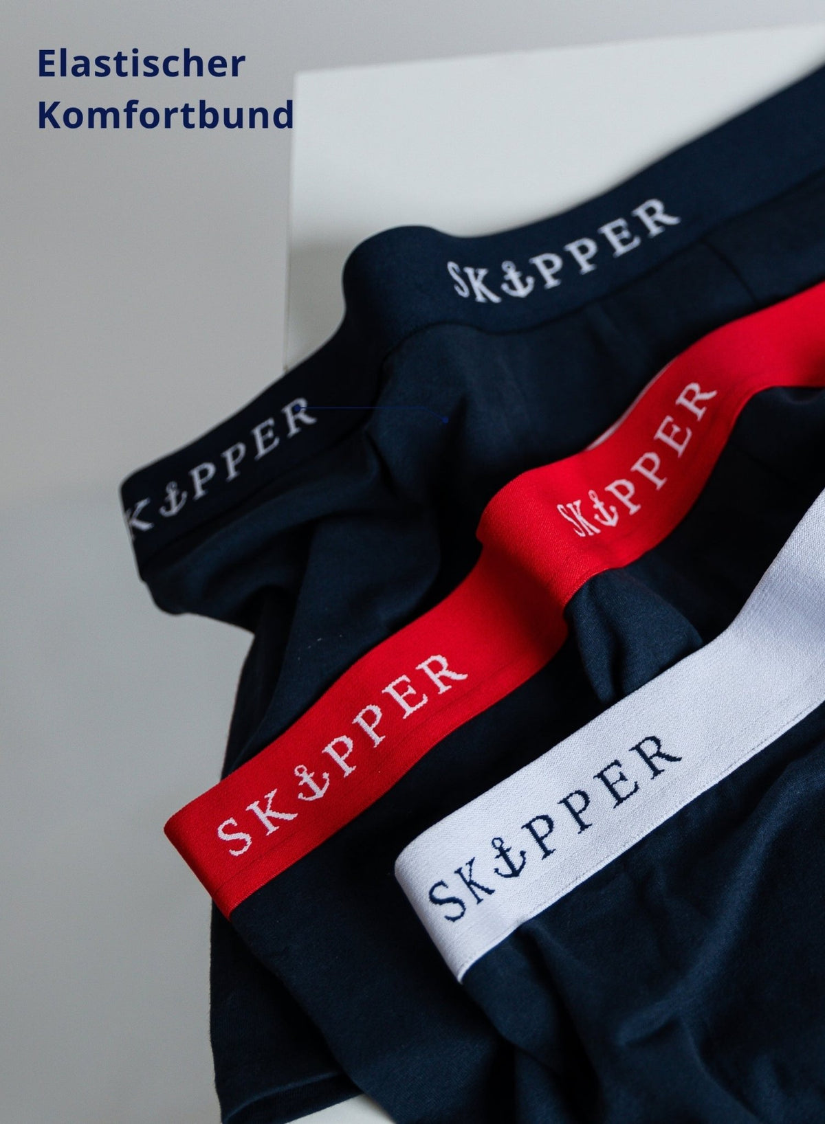 SKIPPER Boxershorts Navy/Mix – Detailansicht Elastischer Komfortbund 
