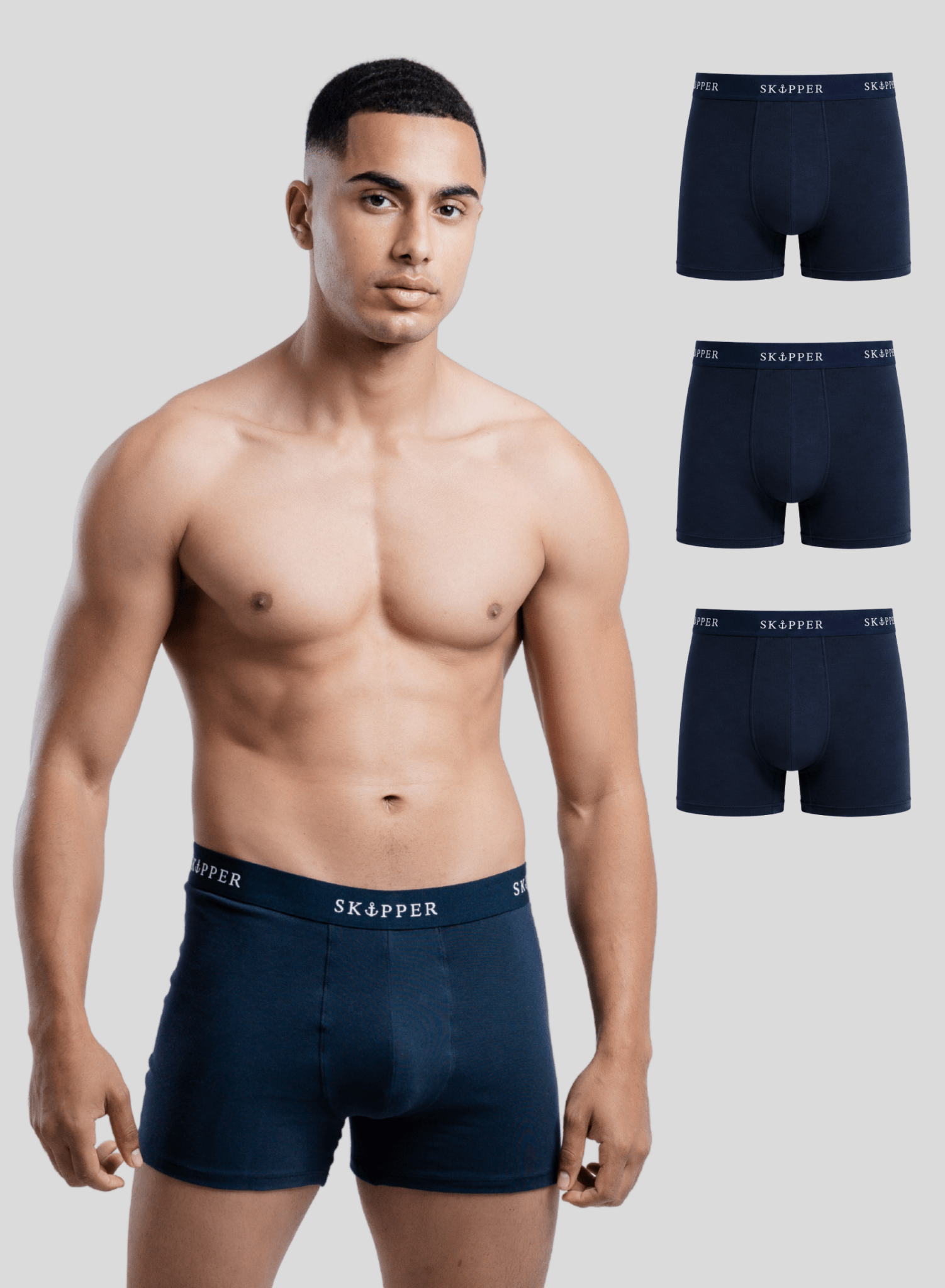 SKIPPER 3er Pack Boxershorts Herren Navy – Vorderansicht auf weißem Hintergrund