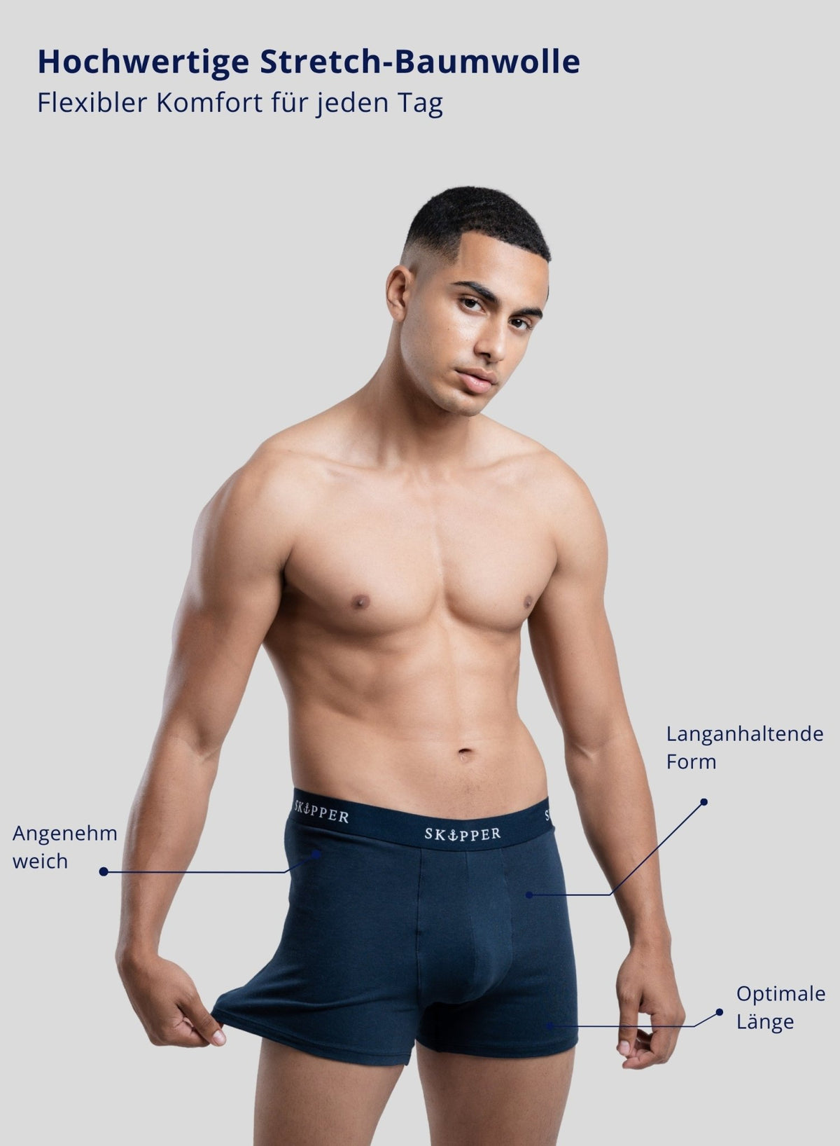 SKIPPER Boxershorts Navy am Model – Alltagslook - Produktmerkmale