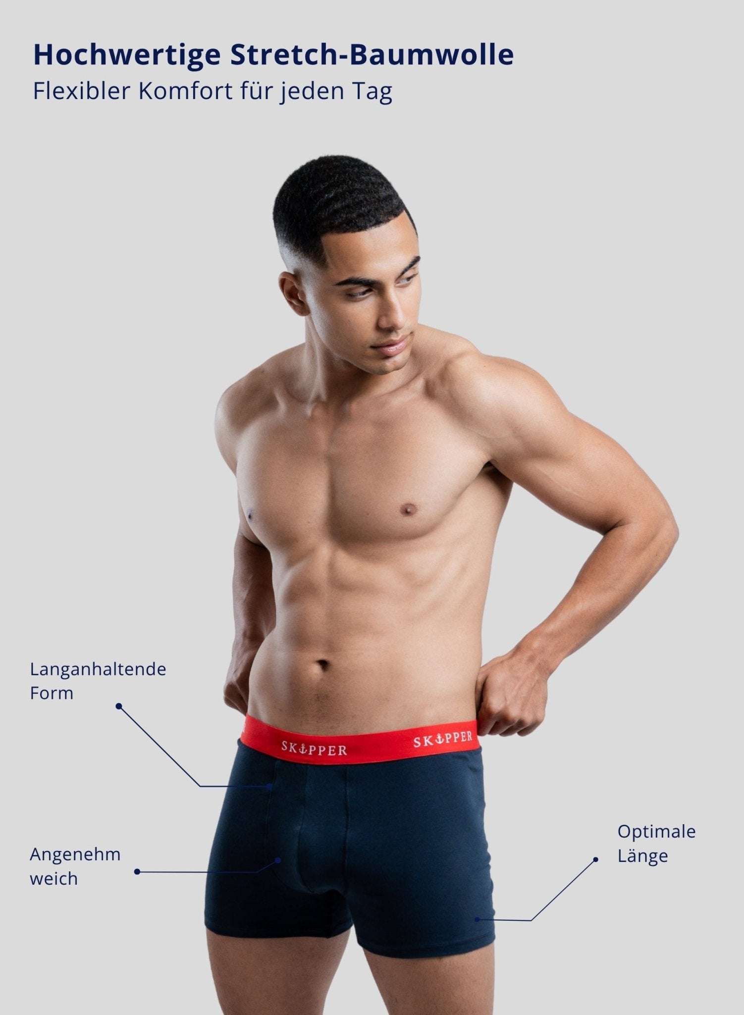 SKIPPER Boxershorts Navy/Rot am Model – Alltagslook - Produktmerkmale
