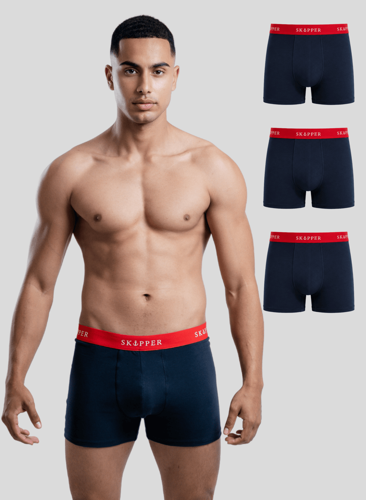 SKIPPER 3er Pack Boxershorts Herren Navy/Rot – Vorderansicht auf weißem Hintergrund
