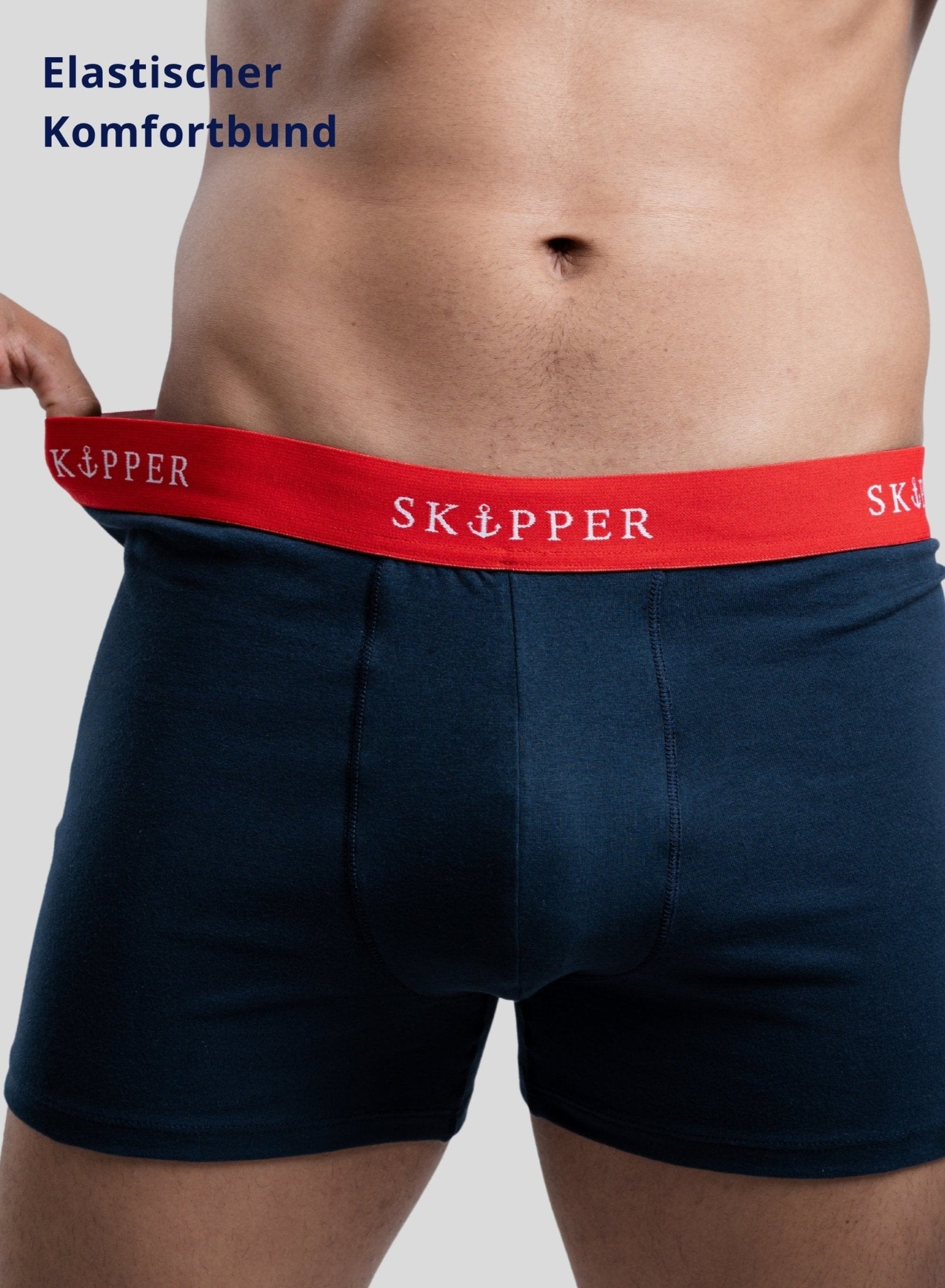 SKIPPER Boxershorts Navy/Rot – Detailansicht Elastischer Komfortbund und Passform
