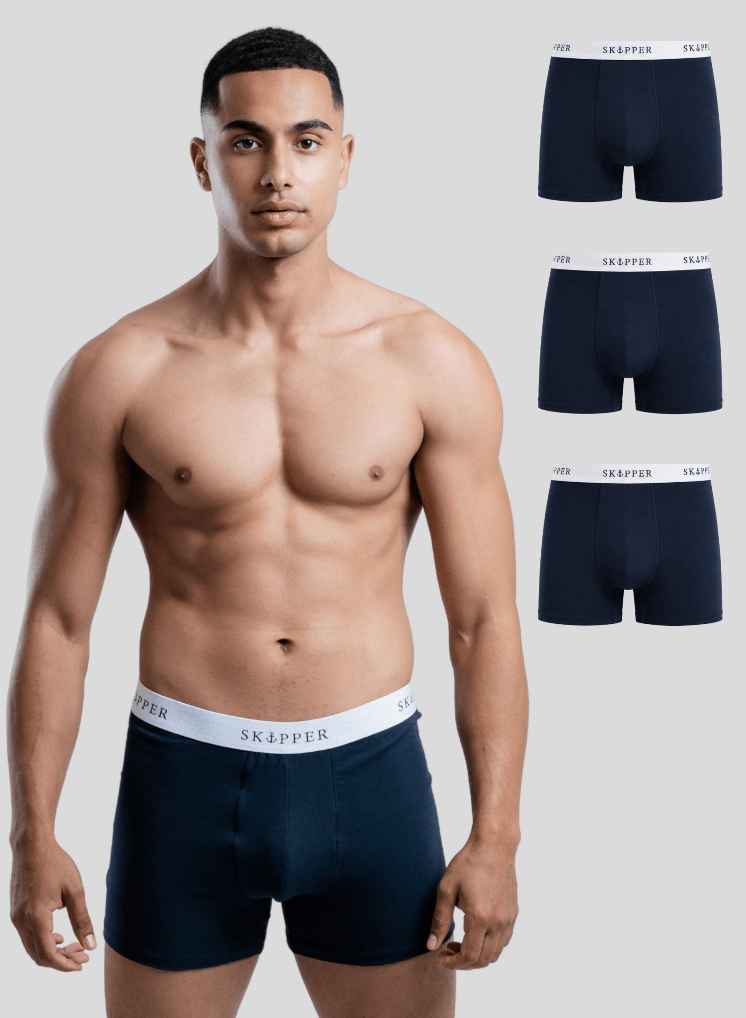 SKIPPER 3er Pack Boxershorts Herren Navy/Weiß – Vorderansicht auf weißem Hintergrund

