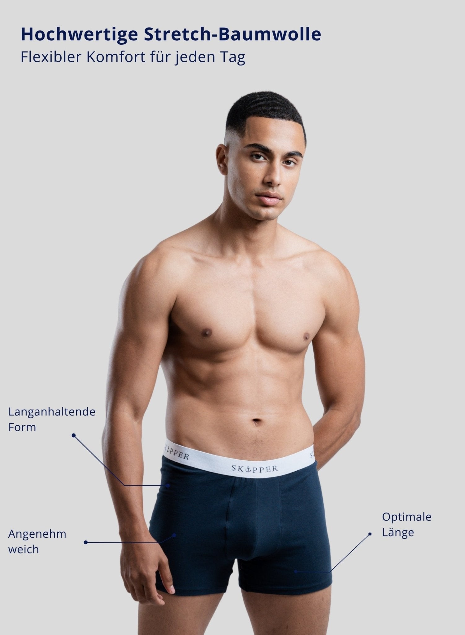 SKIPPER Boxershorts Navy/Weiß am Model – Alltagslook - Produktmerkmale
