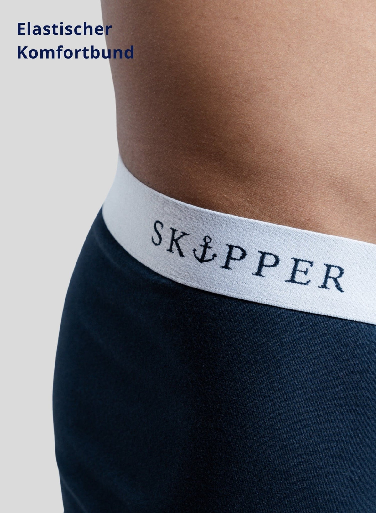 SKIPPER Boxershorts Navy/Weiß – Detailansicht Bund und Passform

