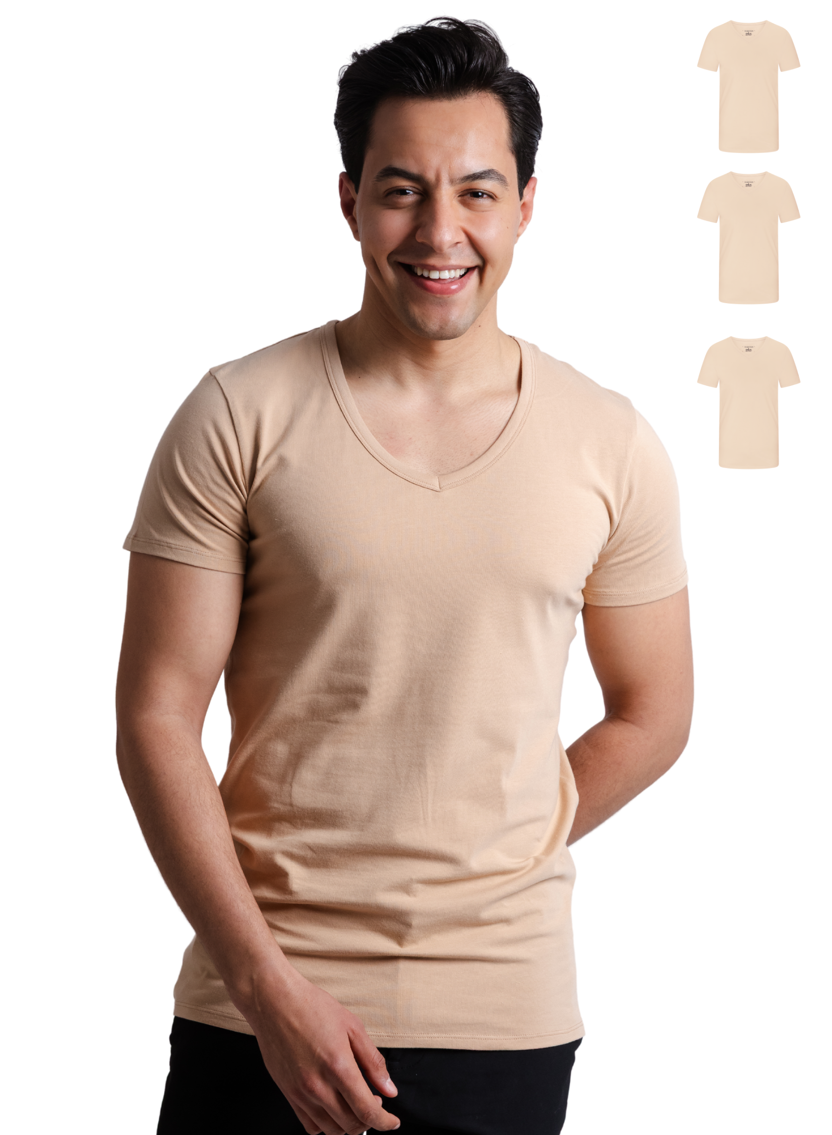 Unterhemd V-Ausschnitt Beige Stretch-Hauptbild 3er Pack Herren